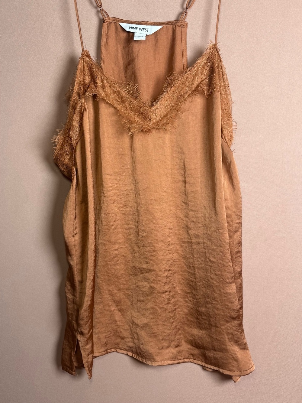 Nine West Rust Orange Satin Cami Lace Trim Spaghetti Strap Blouse Size M NWOT